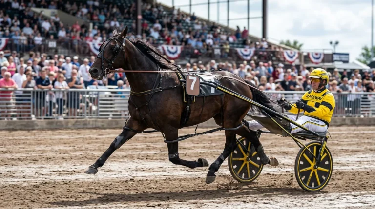 Vollbluter im gestreckten Galopp auf einer grunen Flachrennbahn mit Jockey
