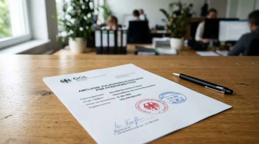 Offizielles Dokument mit Stempel und Lizenzsiegel fur Rennwetten in Deutschland