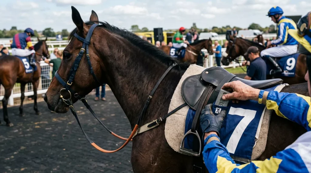 Jockey auf einem Rennpferd mit Bleigewichten in der Satteldecke vor dem Start