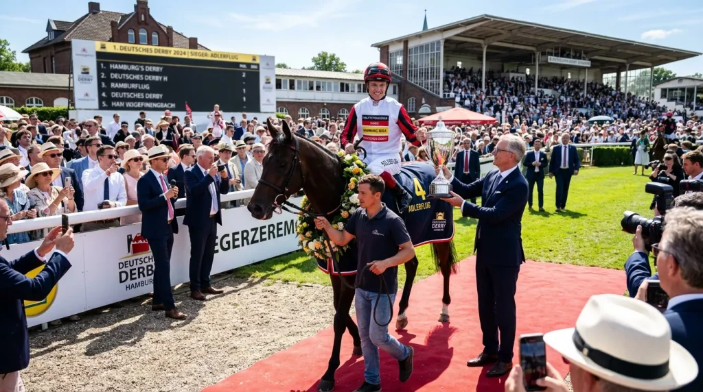 Siegerehrung beim Deutschen Derby in Hamburg mit Pokal und Rennpferd