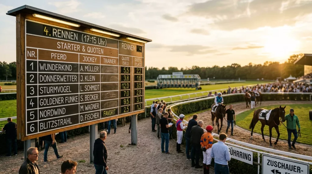 Quotentafel auf einer deutschen Galopprennbahn mit Startboxen im Hintergrund