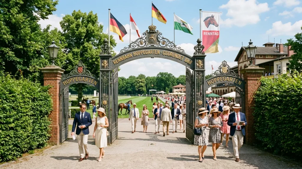 Eingangstor einer deutschen Galopprennbahn mit Zuschauern an einem Renntag