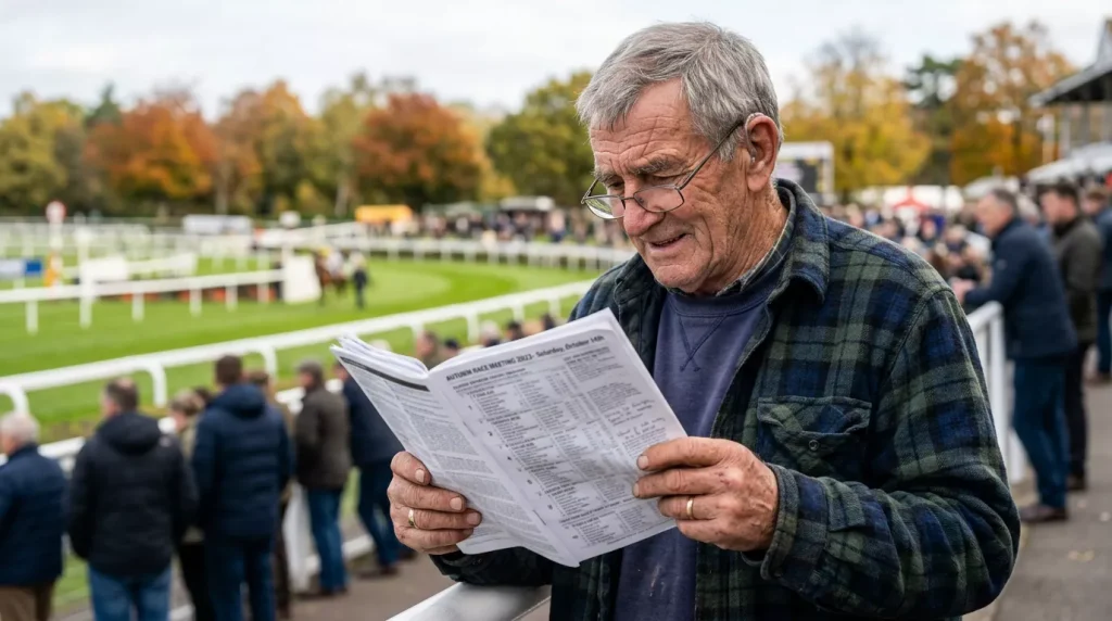 Aufgeschlagenes Rennprogramm mit markierten Fachbegriffen aus dem Pferderennsport
