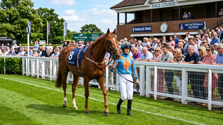 Jockey in Rennfarben auf einem Rennpferd im Fuhrring vor dem Start