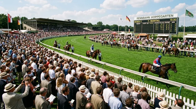 Deutsche Galopprennbahn mit Zuschauern und Totalisator-Anzeigetafel