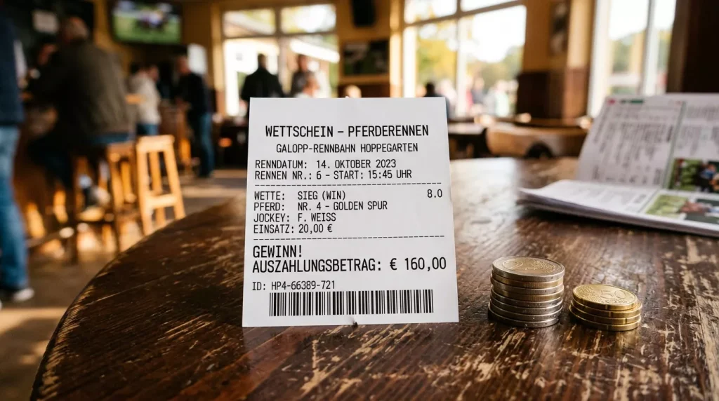Nahaufnahme eines Wettscheins mit Auszahlungsbetrag und Steuervermerk