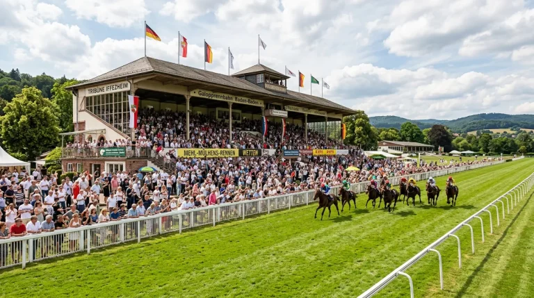 Zuschauer an der Tribune einer deutschen Galopprennbahn bei sonnigem Wetter