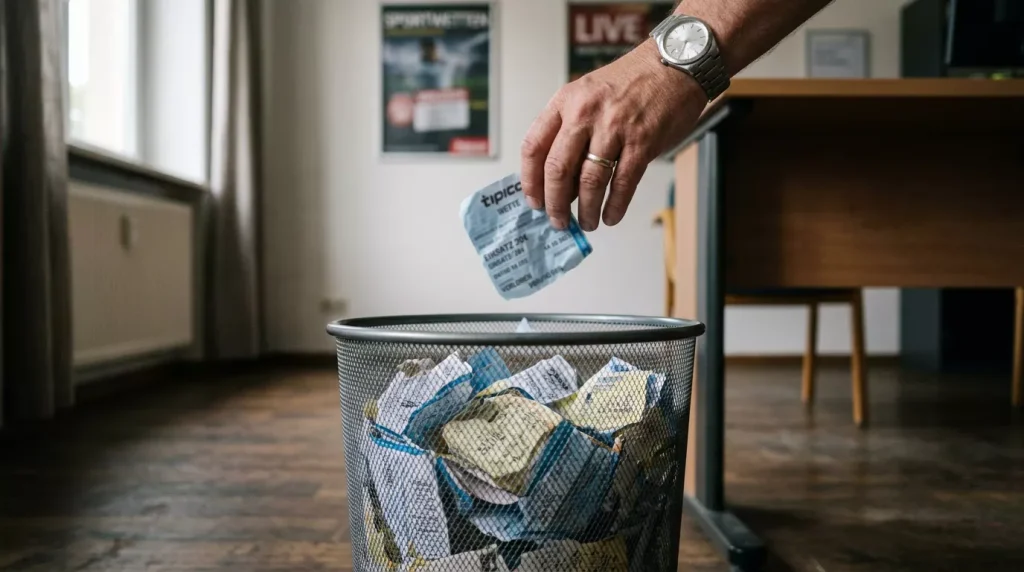 Hand halt einen Wettschein uber einem Papierkorb als Symbol fur verantwortungsvolles Wetten