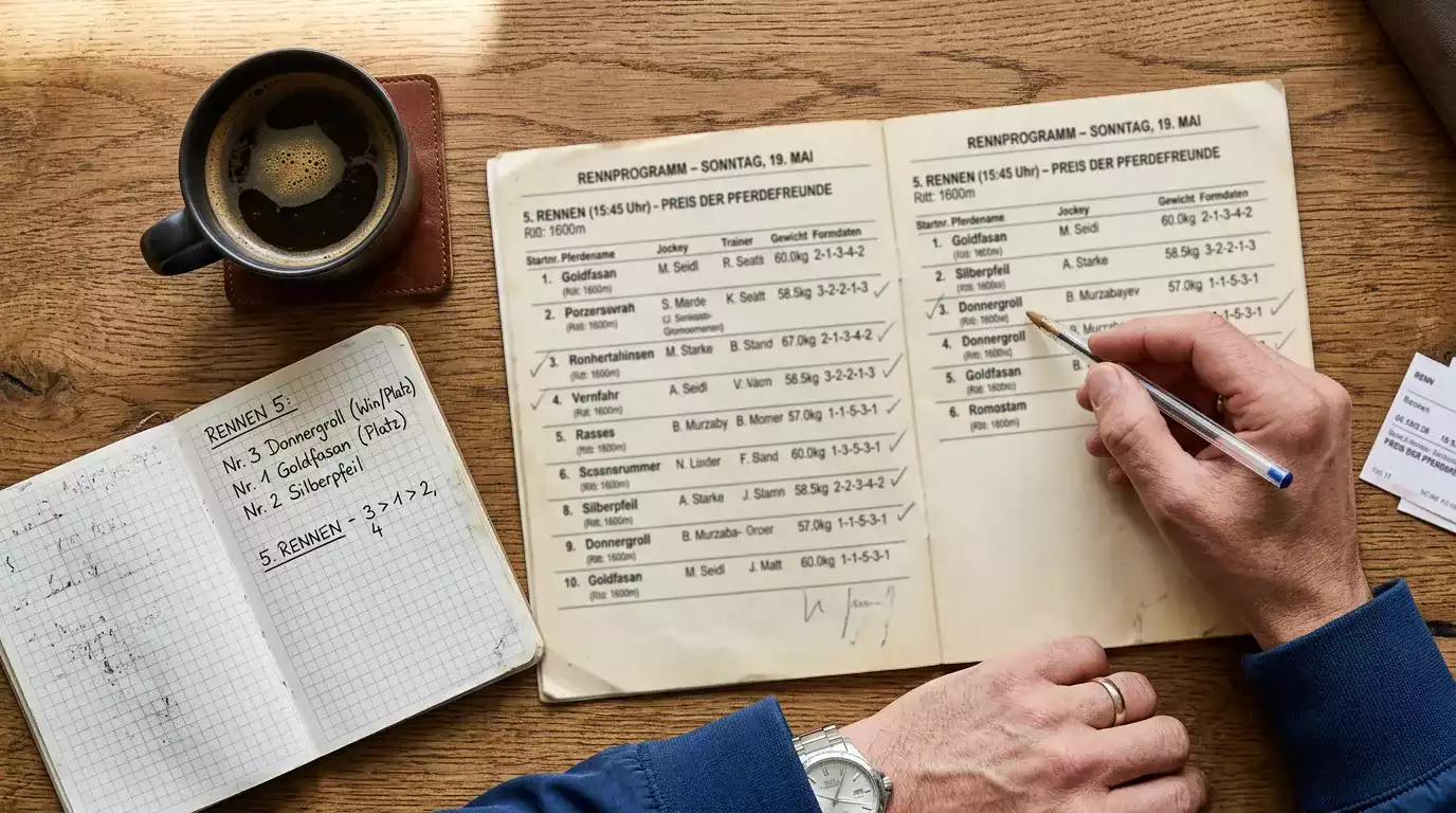 Person studiert ein Rennprogramm mit Starterliste und Formziffern am Tisch