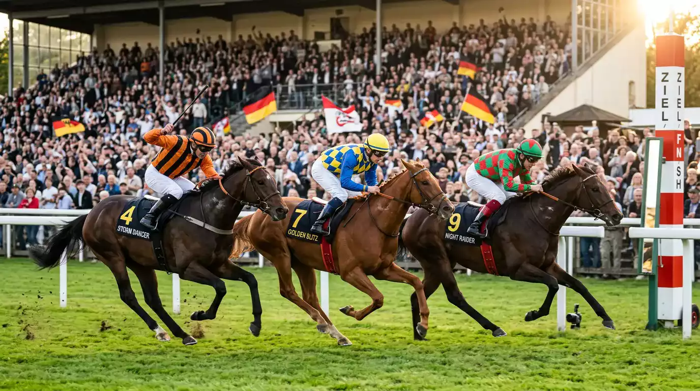 Vollblüter im Zieleinlauf beim Galopprennen in Deutschland mit Tribüne im Hintergrund