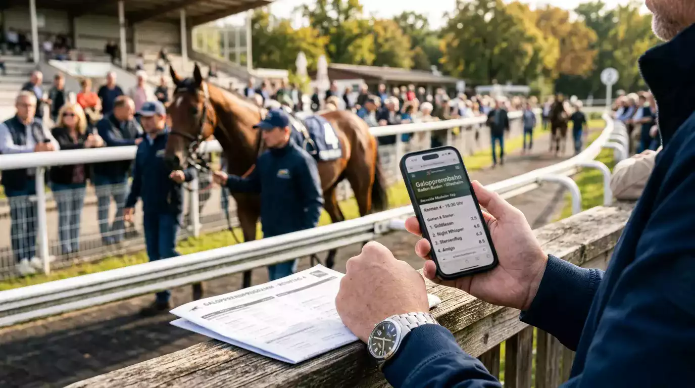 Smartphone mit Pferdewetten-App neben Rennprogramm auf einer Rennbahn-Tribüne